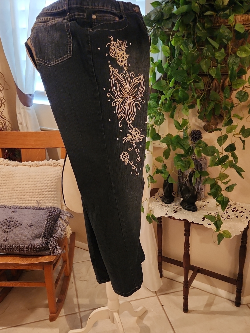 Women’s Dark Blue Flare Jeans with White Butterfly Embroidery